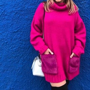 Pink Sweater with Fur Pockets